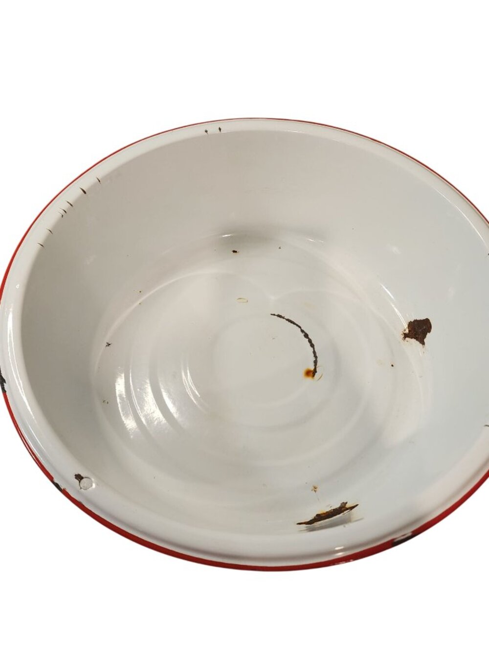 Vintage Enamel Ware bowl white red trim chipped